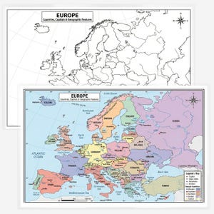 May include: A set of two educational maps of Europe, one black and white outline version and one full-color version featuring countries, capitals, geographic features, a compass rose, and a legend detailing regional color-coded classifications.