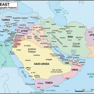 May include: A political and geographic map of the Middle East titled Middle East Countries, Cities & Geographic Features. It displays national borders, major cities, capitals, mountain ranges, and bodies of water with a scale bar in kilometers.
