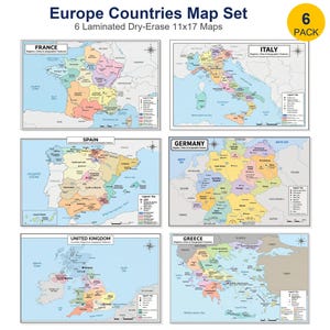 May include: A 6-pack of laminated dry-erase maps titled Europe Countries Map Set, measuring 11x17 inches each. The set includes individual maps of France, Italy, Spain, Germany, the United Kingdom, and Greece, each featuring regional details, cities, and geographic legends.
