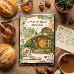 Puede incluir: Una funda para tableta con una ilustración fantástica de una casa hobbit, un dragón y setas, con el texto "SECOND BREAKFAST AND BOOKS". La escena incluye pan, miel, bellotas y una tarjeta de recetas.