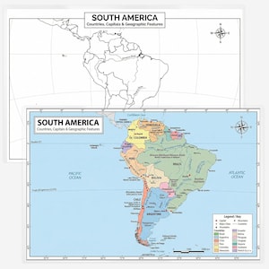 May include: A set of two maps of South America. One is a black and white outline map, and the other is a colorful political and physical map showing countries, capitals, major cities, mountains, and bodies of water with a legend.