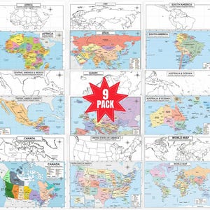May include: A 9-pack of educational map sheets featuring both blank outline versions and colorful political maps of Africa, Asia, South America, Central America, Mexico, Europe, Australia, Oceania, Canada, the United States, and the World.