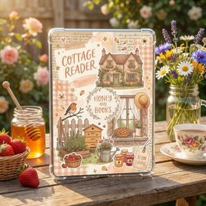 Könnte beinhalten: Eine transparente Tablet-Hülle mit einem Cottagecore-Design, mit den Worten "Cottage Reader" und "Honey and Books". Das Design umfasst eine Cottage-Illustration, einen Vogel, einen Bienenstock und einen Kuchen. Erdbeeren, Honig und Blumen sind ebenfalls sichtbar.