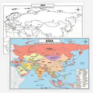 May include: A set of two maps of Asia, one black and white outline map and one full-color political map. Both maps feature the text ASIA, Countries, Capitals & Geographic Features, and include a compass rose, country borders, cities, and geographic labels.