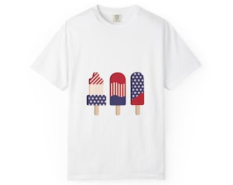 Camiseta unisex para adultos con diseño de paletas heladas patrióticas y la bandera estadounidense