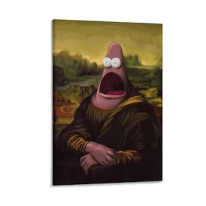 Puede incluir: Una impresión en lienzo que presenta una parodia de la Mona Lisa, con Patricio Estrella de Bob Esponja como sujeto. Patricio se representa con una expresión de sorpresa, vistiendo un vestido oscuro sobre un fondo de paisaje.