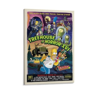 May include: A framed poster for "Treehouse of Horror XVI" featuring characters from The Simpsons. The artwork is colorful and cartoonish, with a spooky theme. The poster includes text such as "Three Action-Packed, Spine-Tingling, Terrifying Stories!!!"