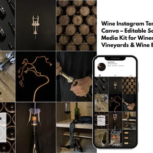 Puede incluir: Un collage de imágenes con temas relacionados con el vino, que incluyen botellas, sacacorchos y barriles de madera. Las imágenes están dispuestas en una cuadrícula, con un teléfono inteligente que muestra un diseño similar. La superposición de texto dice "Wine Instagram Templates Canva - Editable Social Media Kit for Wineries, Vineyards & Wine Bars."