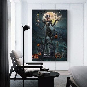 May include: A canvas print featuring Jack Skellington from The Nightmare Before Christmas. The artwork depicts Jack in a black suit, holding a Christmas tree and a ghost, with a full moon in the background. The scene includes pumpkins, a graveyard, and a spooky atmosphere.