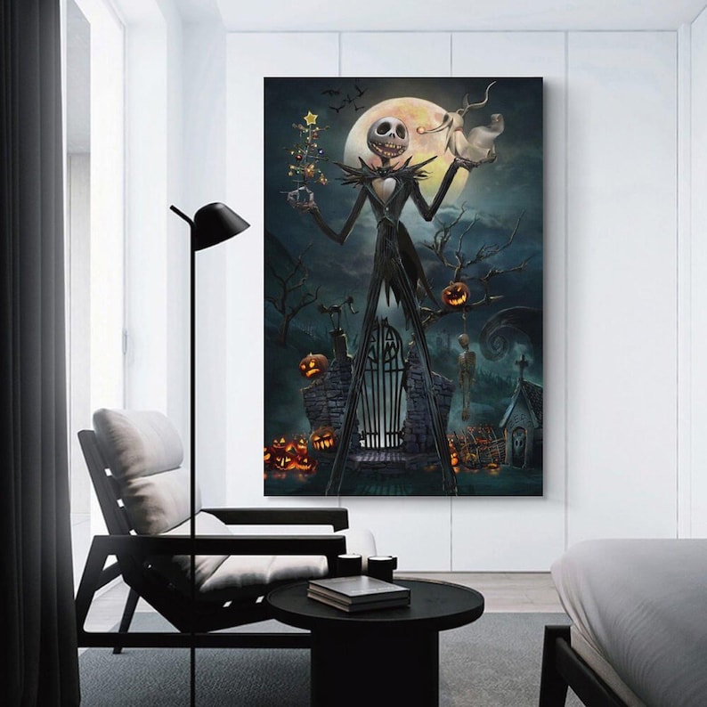 May include: A canvas print featuring Jack Skellington from The Nightmare Before Christmas. The artwork depicts Jack in a black suit, holding a Christmas tree and a ghost, with a full moon in the background. The scene includes pumpkins, a graveyard, and a spooky atmosphere.