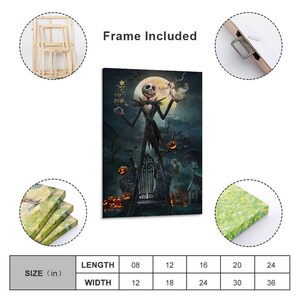 May include: A canvas print featuring Jack Skellington from The Nightmare Before Christmas. The artwork depicts Jack in front of a spooky gate, with a full moon, pumpkins, and a dark, eerie background. The canvas is available in various sizes, with a length of 8 inches and a width of 12 inches.