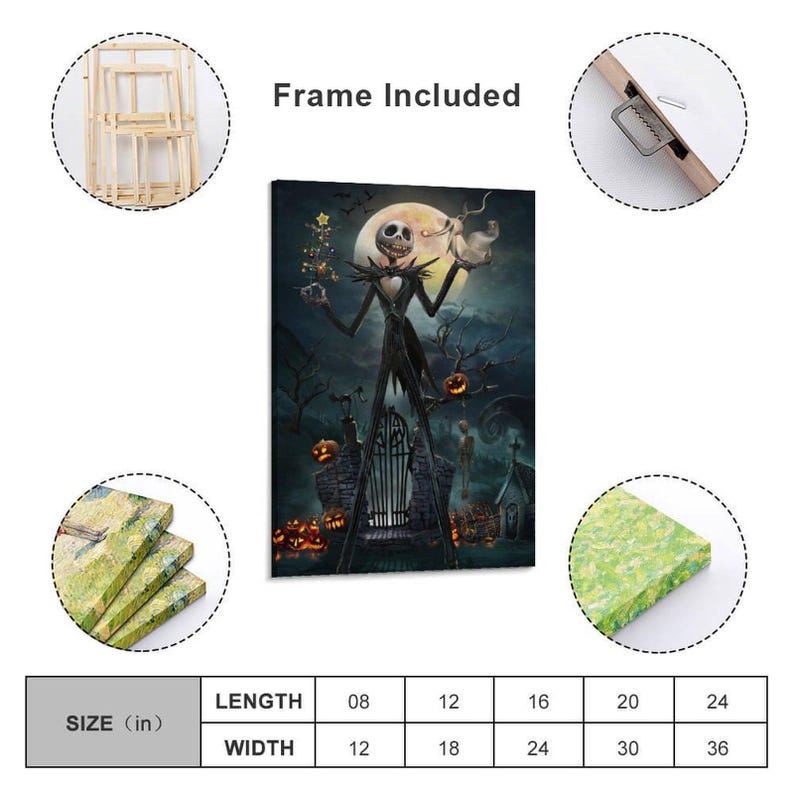 May include: A canvas print featuring Jack Skellington from The Nightmare Before Christmas. The artwork depicts Jack in front of a spooky gate, with a full moon, pumpkins, and a dark, eerie background. The canvas is available in various sizes, with a length of 8 inches and a width of 12 inches.