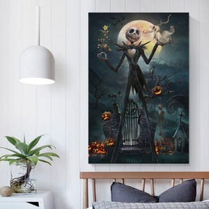 May include: A canvas print featuring Jack Skellington from The Nightmare Before Christmas. Jack is in a black suit, holding a Christmas tree and Zero. The background includes a full moon, pumpkins, a graveyard, and a spooky gate.