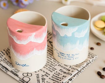 Taza de viaje de cerámica hecha a mano, diseño texturizado de olas marinas, pintada a mano bajo vidriado, regalo para amantes del café.