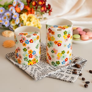 Handmade Ceramic Travel Mug, Hand-Painted Floral Pottery Tumbler With Lid