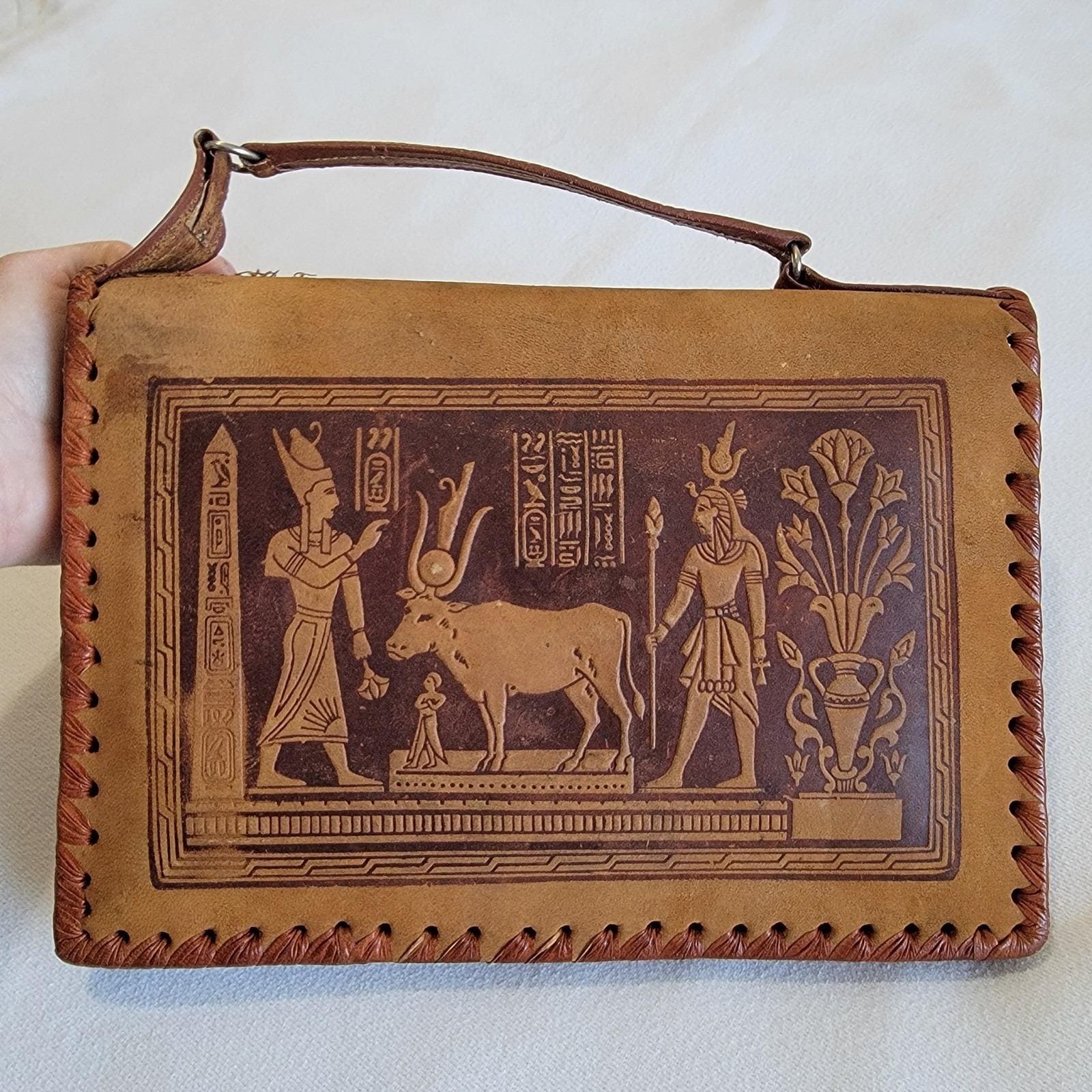 Vintage 1940s Tooled Leather Egyptian Tourist Bag Purse Royal Pharoah Scene