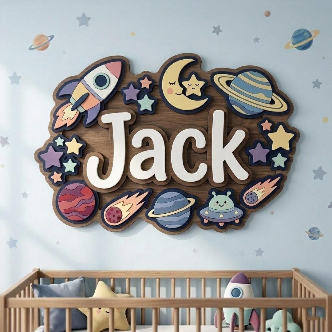 Personalized Wooden Name Sign, Space Galaxy Nursery Decor, Astronaut ...