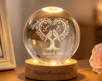 Personalized Love Birds Crystal Ball Night Light, Custom Anniversary Gift for Couples, Engraved 3D Tree Lamp, Romantic Wedding Keepsake