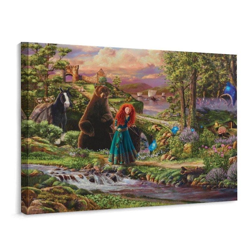 May include: A canvas print of a fantasy scene featuring a red-haired woman in a teal dress, a bear, and a black horse. The artwork depicts a bridge over a stream, a castle, and a forest with a sunset sky.