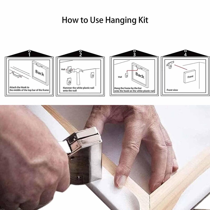 May include: Diagram illustrating how to use a hanging kit, with step-by-step instructions. The image shows a person using a tool to assemble a frame. Text includes "How to Use Hanging Kit" and numbered steps.