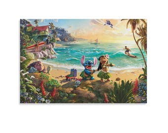 Lilo & Stitch Canvas Print,Tropical Beach Wall Decor, Whimsical Kids Room Art