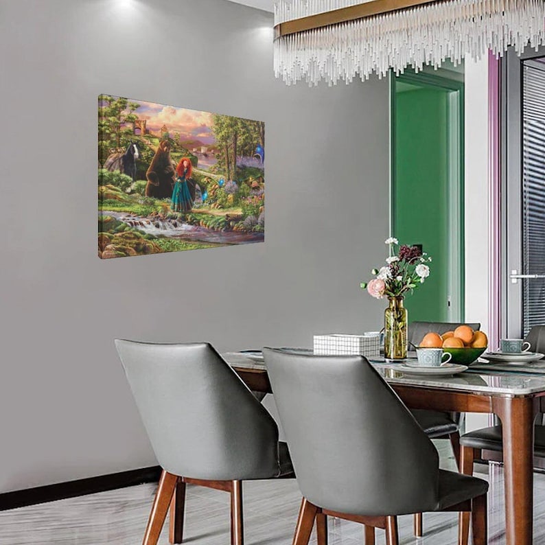 May include: A framed canvas art piece depicting a scene with a red-haired woman in a teal dress, a bear, and a forest setting with a stream. The artwork is mounted on a gray wall in a dining room setting.