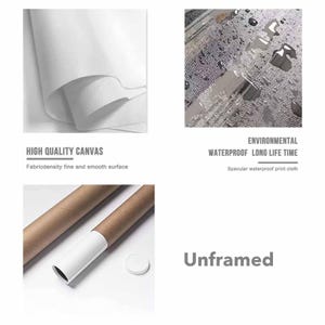 May include: Image showcasing canvas material, a waterproof print cloth, and rolled artwork. Text includes "HIGH QUALITY CANVAS", "ENVIRONMENTAL WATERPROOF LONG LIFE TIME", and "Unframed". The canvas appears fine and smooth.
