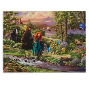 May include: A colorful painting depicts a young woman with red hair in a teal dress, standing near a stream. A bear and a horse are nearby. The background shows a castle, boats, and a forest, with a vibrant sky.