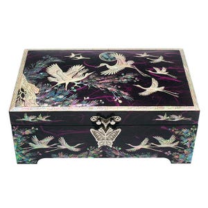 Mother of Pearl Inlay Jewelry Box: Korean Rings Organizer with Crane Pine, Earrings Storage