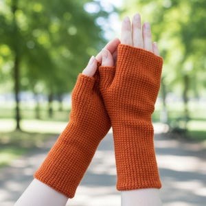 Pode incluir: Um par de luvas sem dedos laranja, tricotadas com um ponto texturizado. As luvas são de um tom quente e terroso, ideal para climas mais frios. As mangas estendem-se até ao meio do antebraço. O fundo é uma vista desfocada de um parque com árvores verdes.