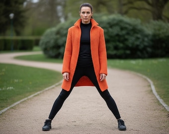 Patrón de chaqueta de punto en PDF, cárdigan largo grueso estilo retro para mujer.