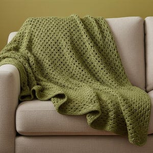 May include: A green crocheted blanket draped over a beige sofa. The blanket has a textured, open weave pattern and a scalloped edge. The sofa has a neutral color and a simple design, creating a cozy and inviting atmosphere.
