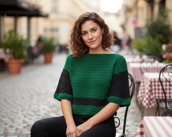 Patrón de top de manga corta a crochet en PDF, camisa de verano con bloques de color, ajuste fácil.