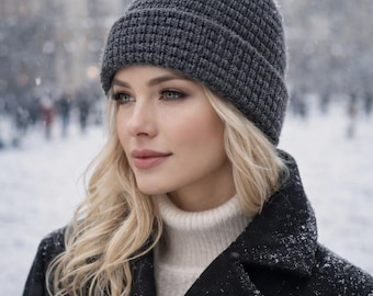 Patrón PDF de gorro de punto acanalado con borde plegado, gorro clásico de invierno de fácil ajuste.