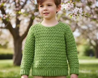 Patrón de suéter infantil de ganchillo con cuello en V, fácil de usar, en formato PDF, tallas 2-10.