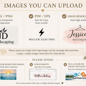 May include: An informational graphic with text about image file types for Etsy sellers. It highlights SVG/PNG, PDF/EPS, and high-resolution JPG formats. It also shows examples of logos and text, including "Jessica's Boutique" and "Miller Electric."