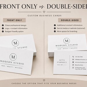 May include: A comparison graphic for custom business cards showing Front Only versus Double-Sided options. The white cards feature a black circular logo with the letter M, the text Modern Studio, and contact details including phone and address.