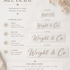 May include: A size guide graphic with the text "SIZE GUIDE" and "Wright & Co." in a script font. The guide shows sizes from 2 inches to 10 inches, with descriptions for labels, cups, signs, and doors.