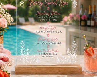 Berry Sweet Sips Bridal Shower Bar Menu Decal  Personalized Cocktail Menu Sign Bridal Brunch Drink Sign Acrylic Mirror Vinyl Decal