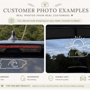 May include: White vinyl decal featuring the outline of Puerto Rico with a wave design and a sun over the ocean. The decal is shown applied to a car's rear window and trunk. The image includes text: "Customer Photo Examples".