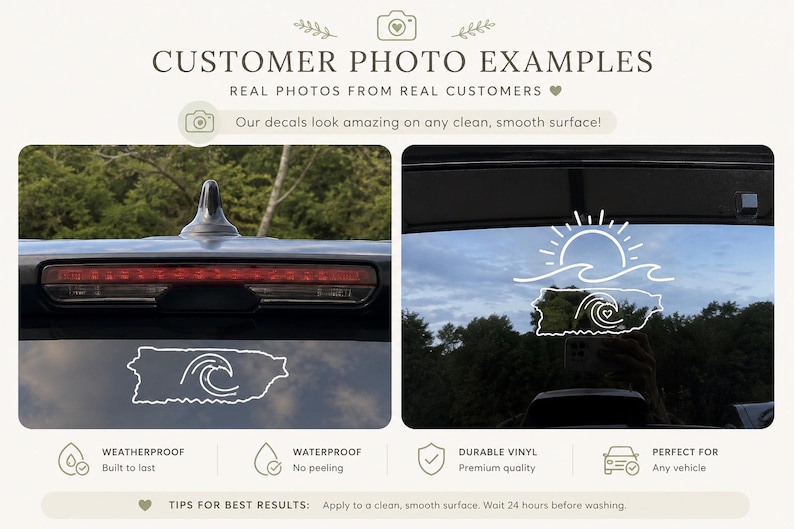 May include: White vinyl decal featuring the outline of Puerto Rico with a wave design and a sun over the ocean. The decal is shown applied to a car's rear window and trunk. The image includes text: "Customer Photo Examples".