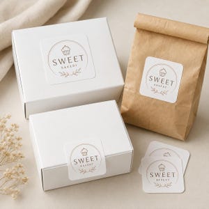 May include: Two white rectangular boxes and one brown paper bag, each featuring a square sticker with a cupcake icon and the text SWEET BAKERY. Two additional square stickers with the same design are placed separately on the surface.