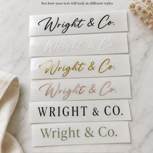 May include: A display of vinyl text style examples. The text "Wright & Co." is shown in various fonts and colors, including black, white, gold, and rose gold. The image also includes the text "VINYL TEXT STYLE EXAMPLES" and additional information about font options.
