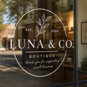 Custom logo decal for business storefront window, vinyl branding sticker with business name applied to glass door