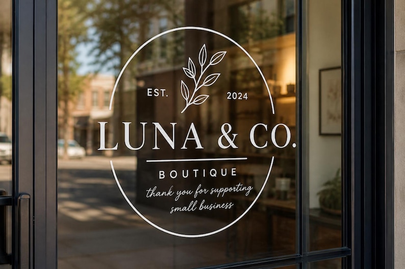 Custom logo decal for business storefront window, vinyl branding sticker with business name applied to glass door