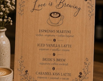 Love Is Brewing Bridal Shower Sign Personalized Coffee Bar Menu Decal Bridal Brunch Cocktail Menu for Acrylic Mirror or Wood