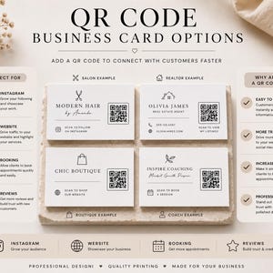 May include: A display of four white rectangular business cards featuring black text and QR codes. The cards show examples for a salon, realtor, boutique, and coach. The layout includes informational text about QR code benefits and usage.