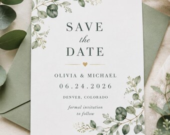 Eucalyptus Save The Date Card Greenery Wedding Save The Date Botanical Wedding Announcement Personalized Wedding Card