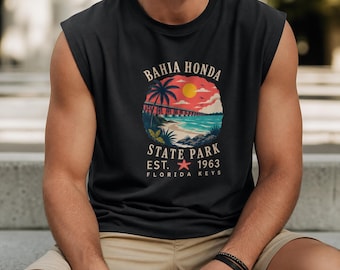 Camiseta sin mangas Bahia Honda State Park Sunset, camiseta sin mangas estilo vintage de los Cayos de Florida, camiseta retro con estampado playero, camiseta de vacaciones de verano para hombre y mujer.