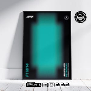 Puede incluir: Un póster digital rectangular con un centro de color verde azulado difuminado sobre un fondo negro. El logotipo de F1 aparece arriba a la izquierda, la estrella de Mercedes arriba a la derecha y F1 W14 con Mercedes-AMG Petronas abajo.